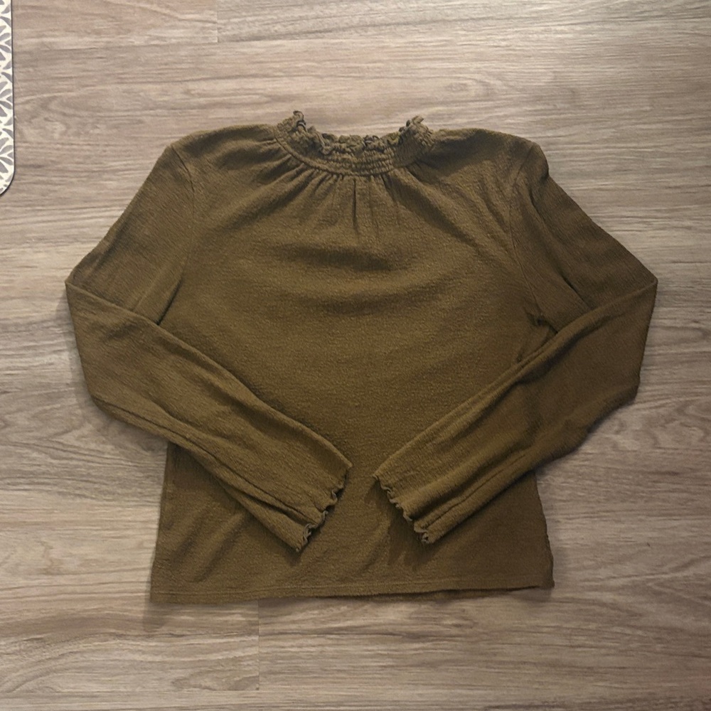 Madewell Olive Ruffle-Trim Long Sleeve Top